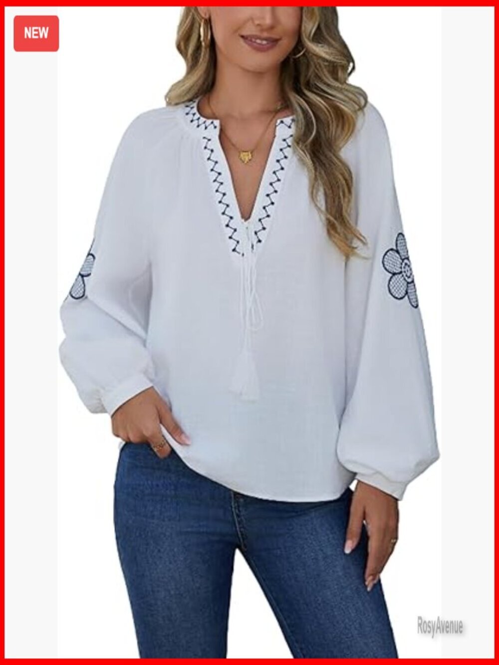 Embroidery Cotton Raglan Long Sleeve V Neck Tie Front Floral Babydoll Top Boho